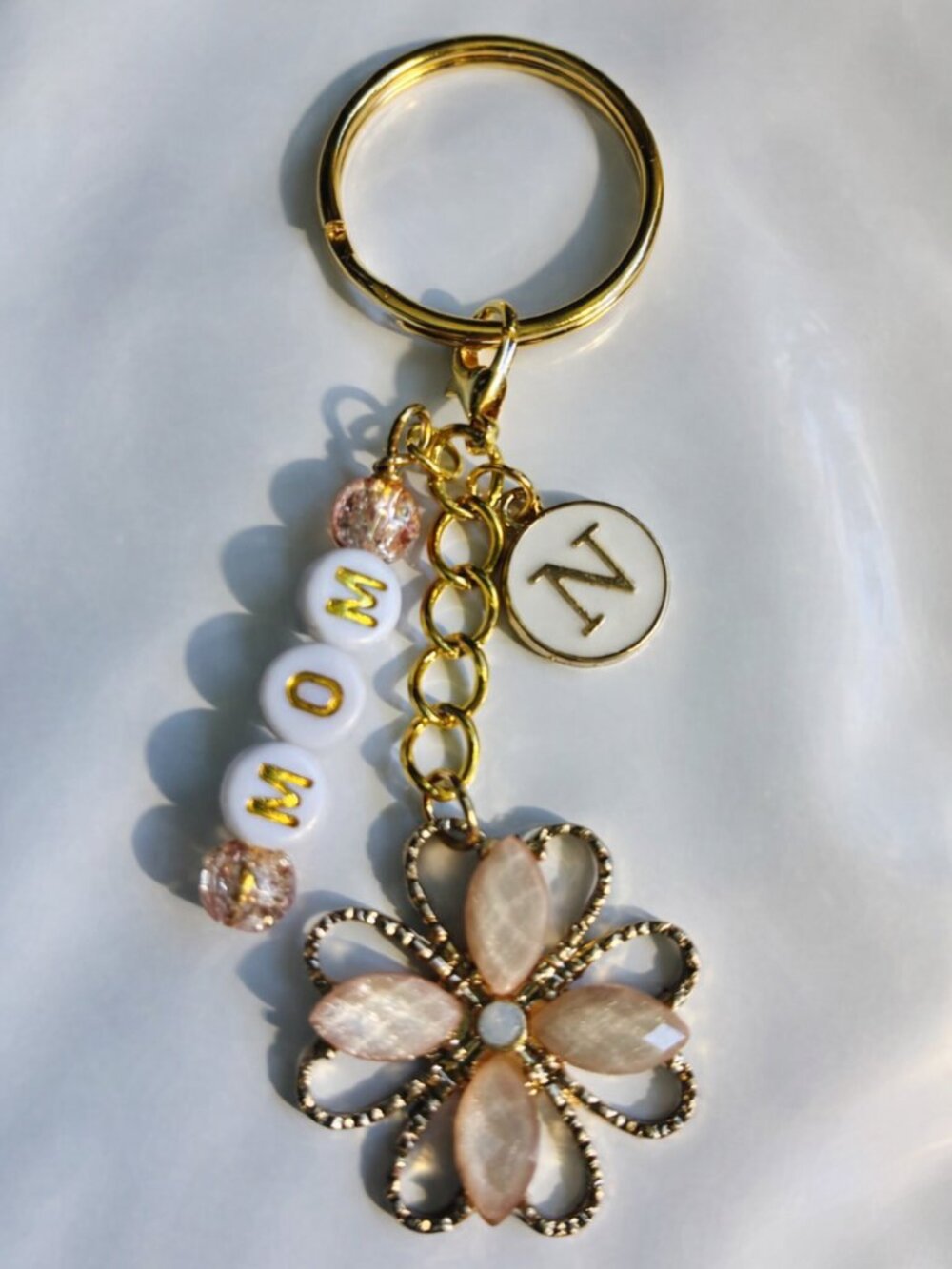 Pink Flower MOM Keychain • Gold Initial Charm • Mother’s Day Gift